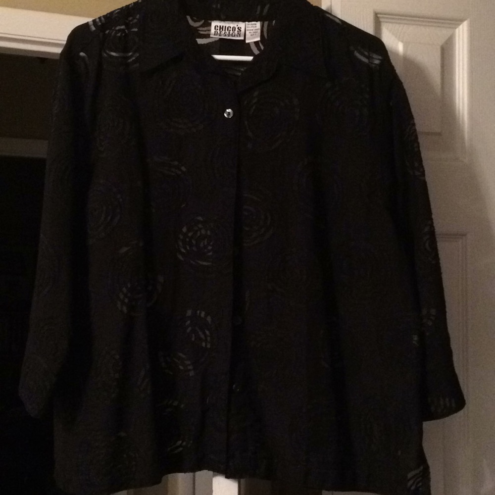 Black button down top with see through roses